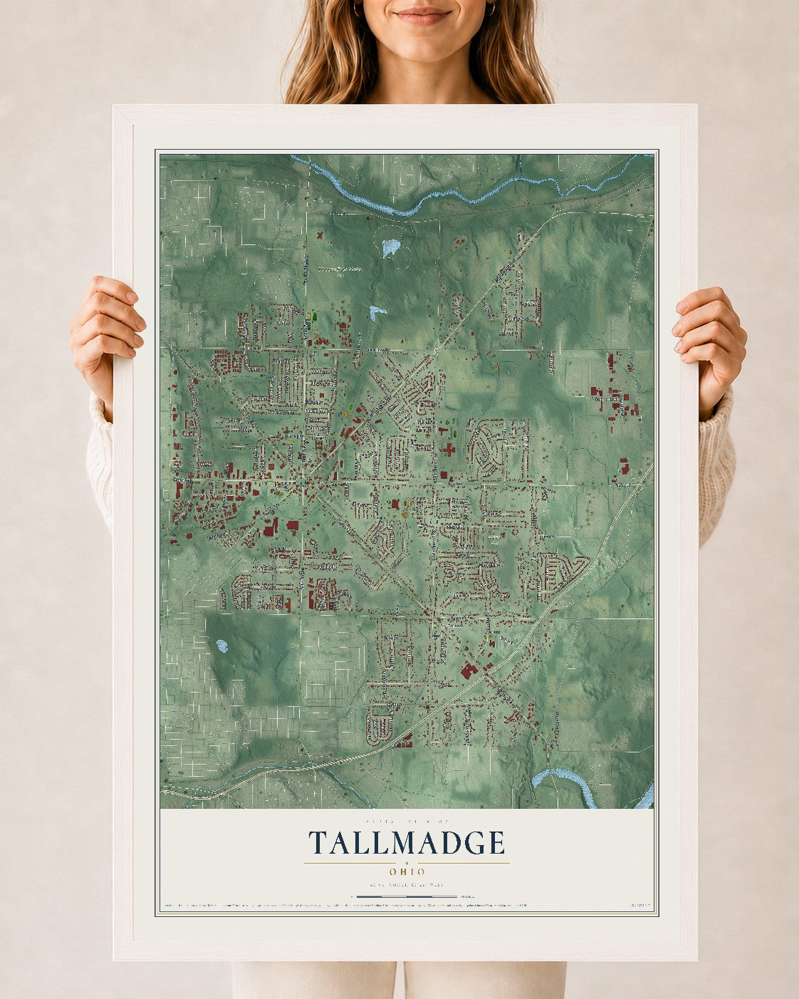 Map of Tallmadge, Ohio, 24 x 36 inch print in a white wood frame