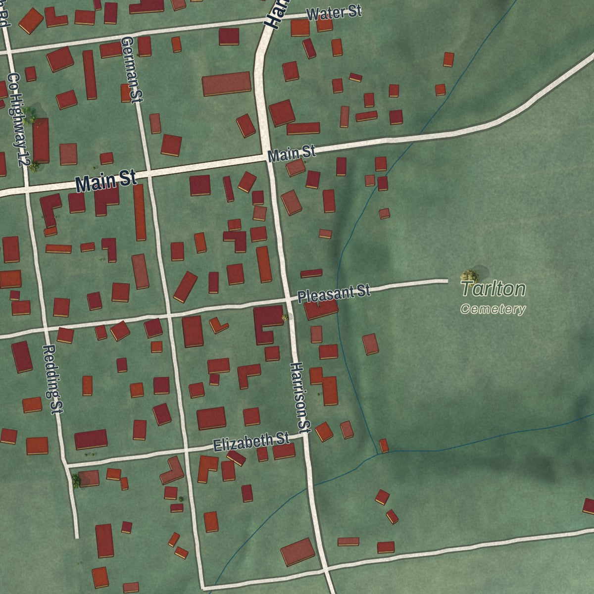 Close-up of the map of Tarlton, Ohio print showing street and building detail