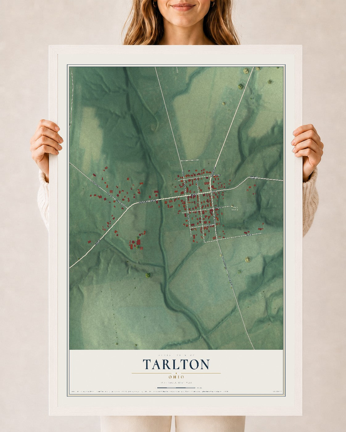 Map of Tarlton, Ohio, 24 x 36 inch print in a white wood frame
