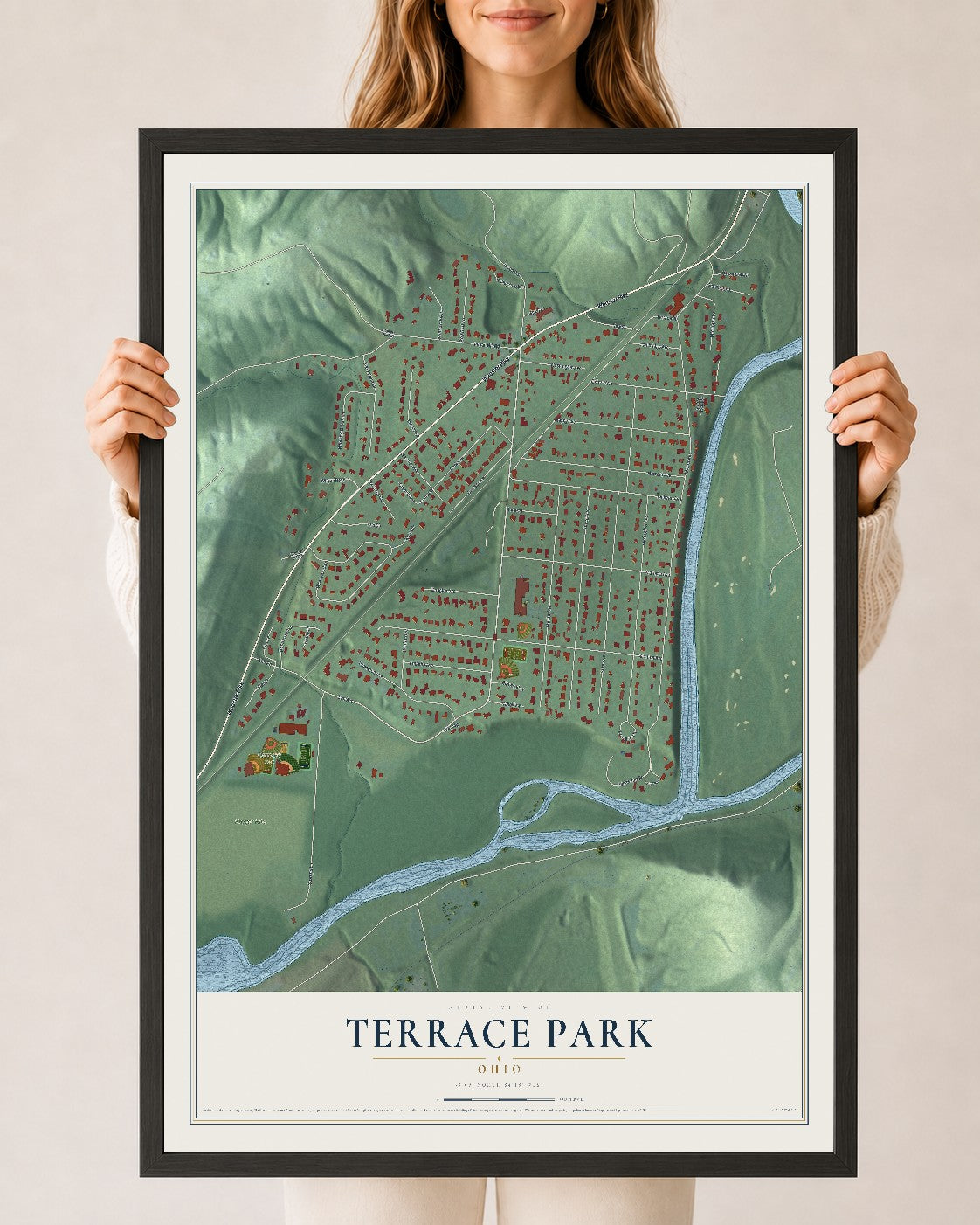 Map of Terrace Park, Ohio, 24 x 36 inch print in a black wood frame