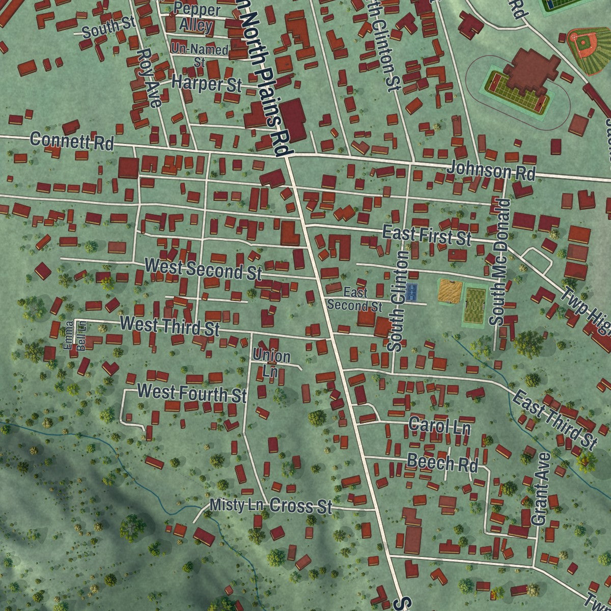 Close-up of the map of The Plains, Ohio print showing street and building detail