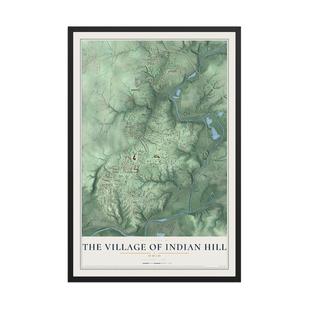 Map of The Village of Indian Hill, Ohio, 12 x 18 inch print in a black wood frame