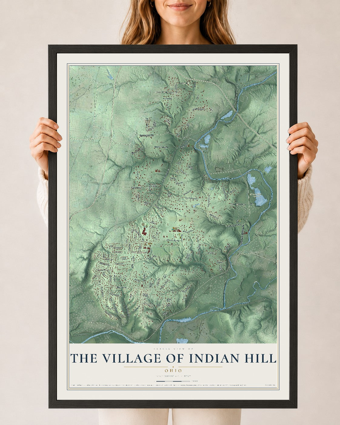 Map of The Village of Indian Hill, Ohio, 24 x 36 inch print in a black wood frame