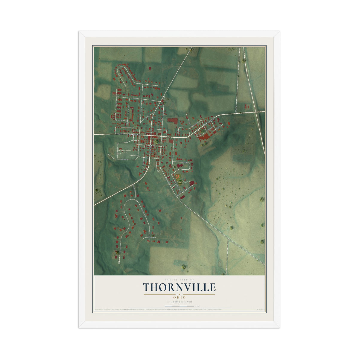 Map of Thornville, Ohio, 12 x 18 inch print in a white wood frame