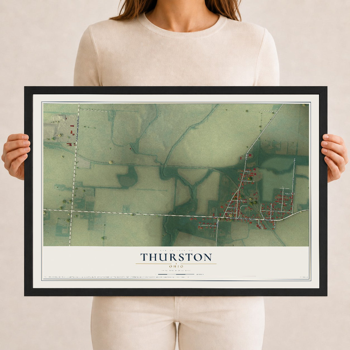 Map of Thurston, Ohio, 12 x 18 inch print in a black wood frame