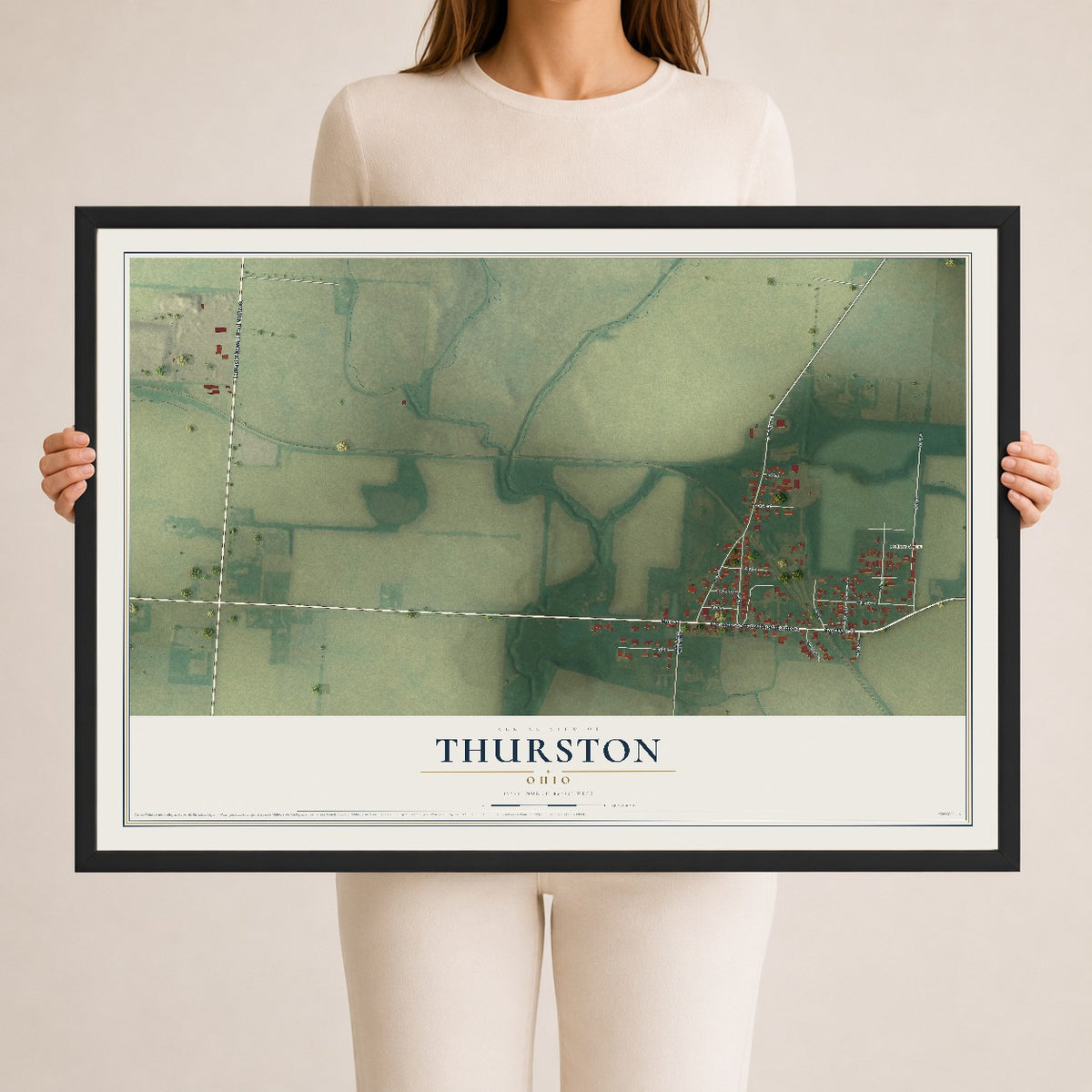 Map of Thurston, Ohio, 24 x 36 inch print in a black wood frame