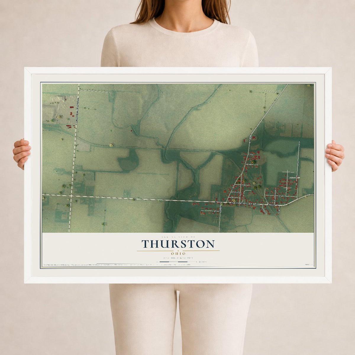 Map of Thurston, Ohio, 24 x 36 inch print in a white wood frame