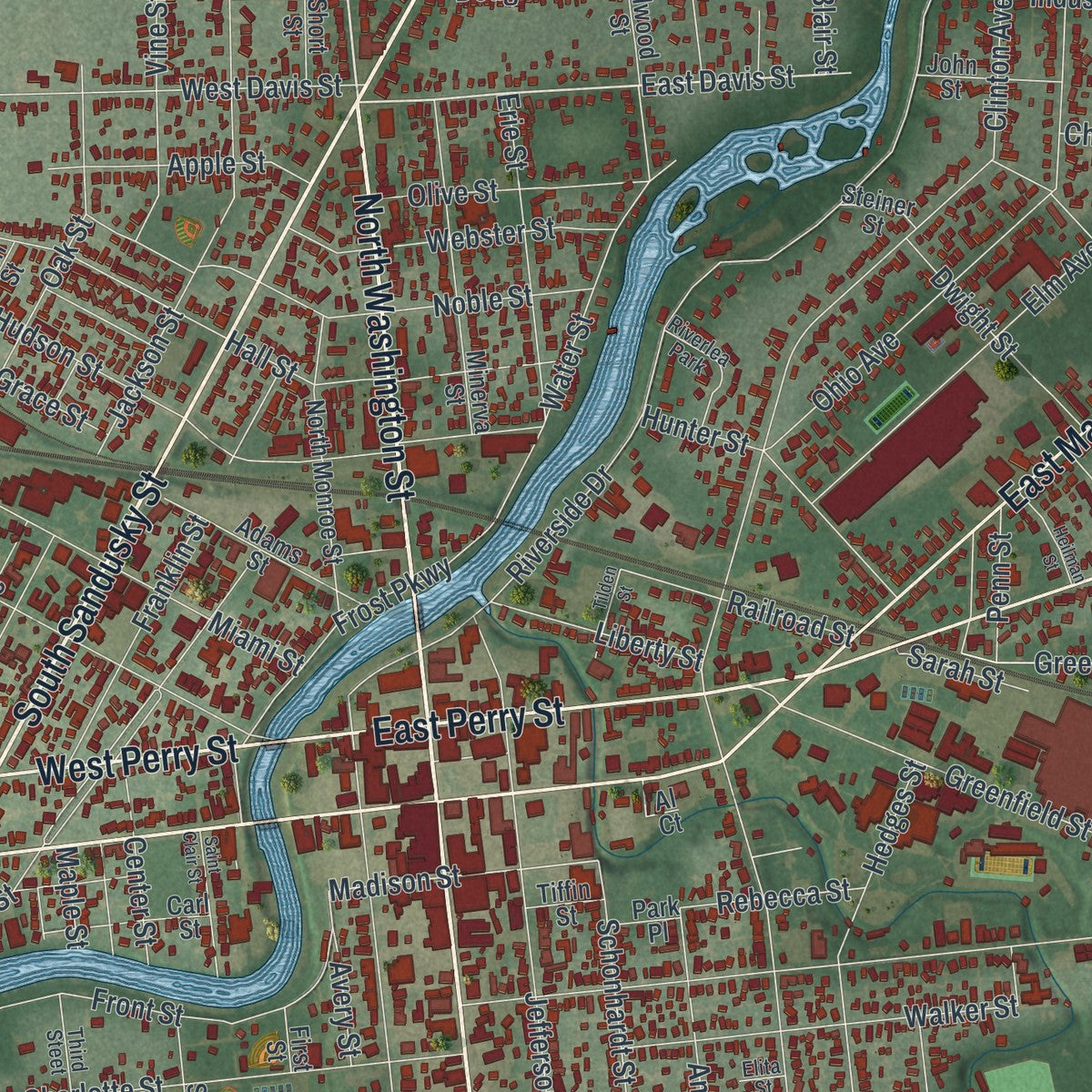 Close-up of the map of Tiffin, Ohio print showing street and building detail