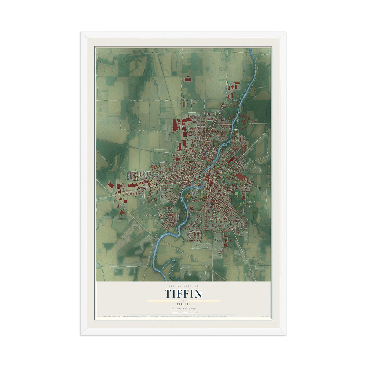 Map of Tiffin, Ohio, 12 x 18 inch print in a white wood frame