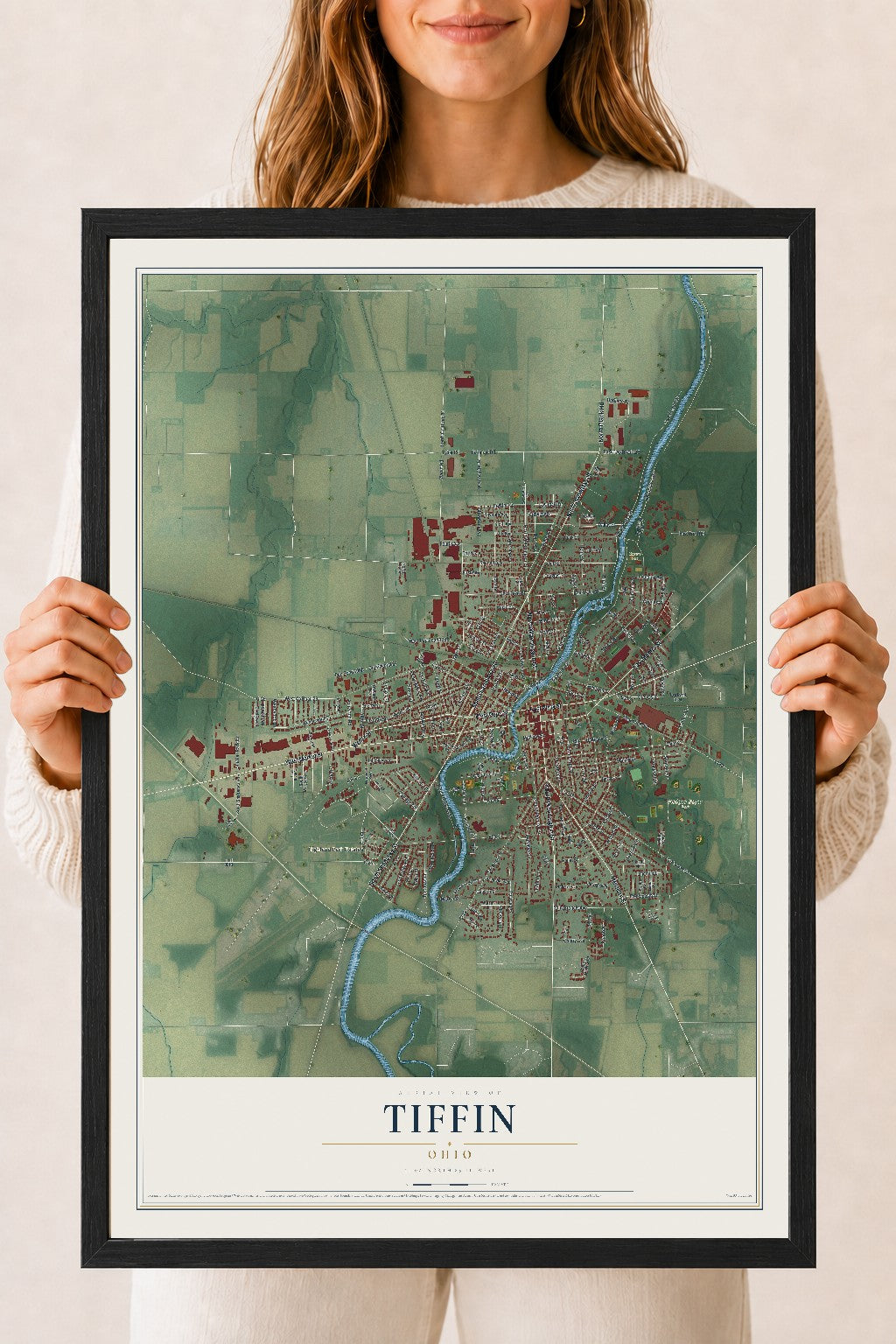 Map of Tiffin, Ohio, 18 x 24 inch print in a black wood frame