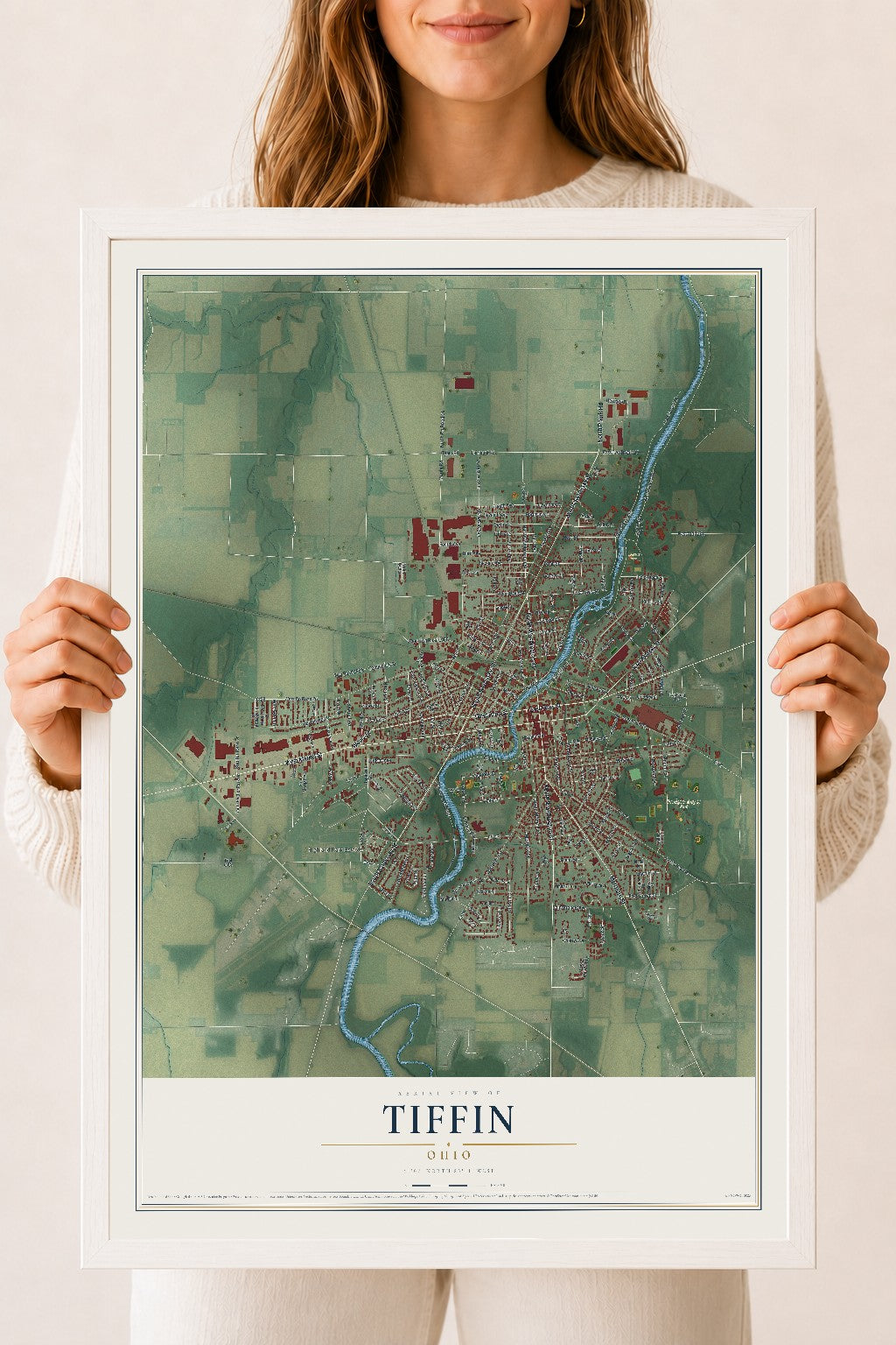 Map of Tiffin, Ohio, 18 x 24 inch print in a white wood frame