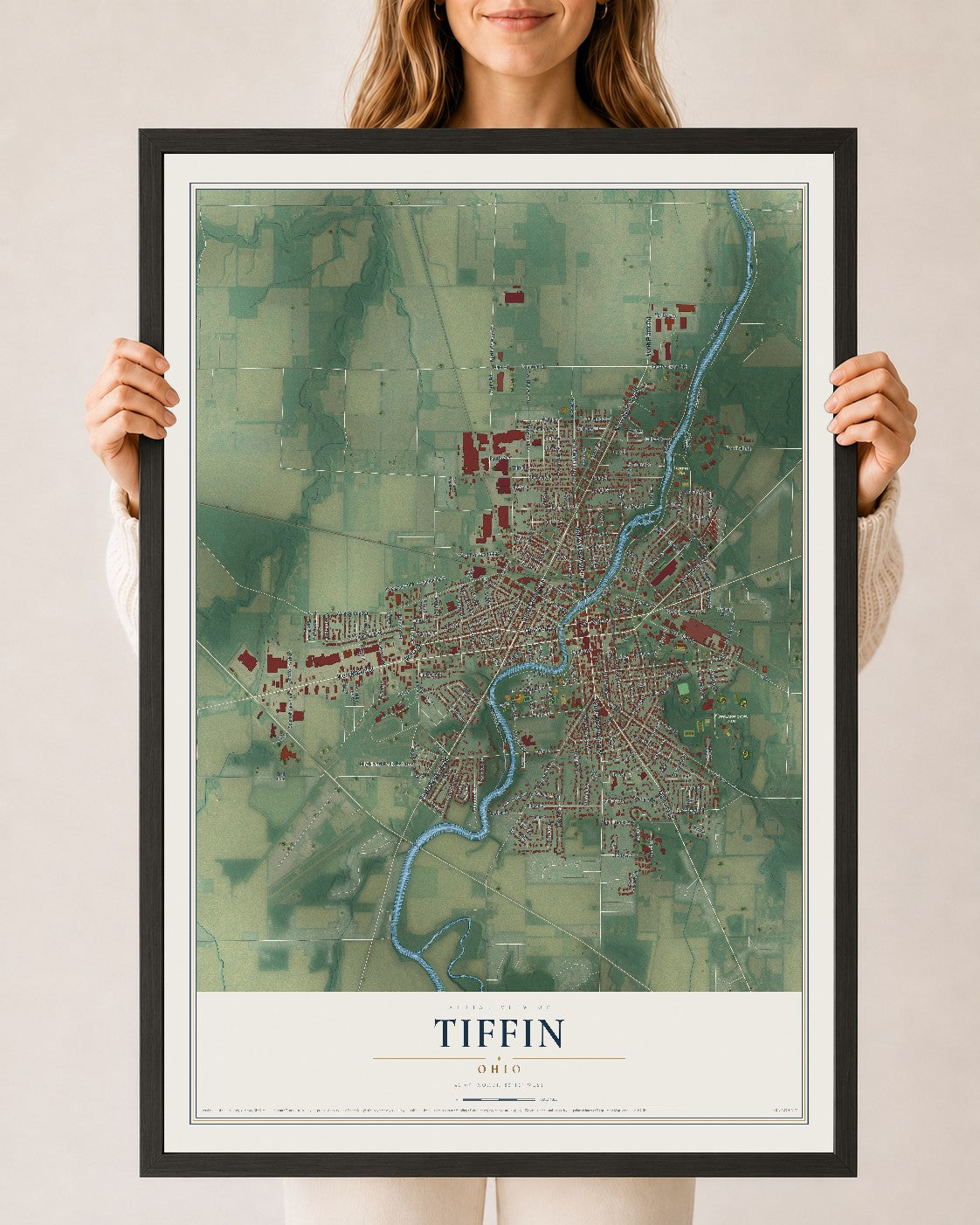 Map of Tiffin, Ohio, 24 x 36 inch print in a black wood frame