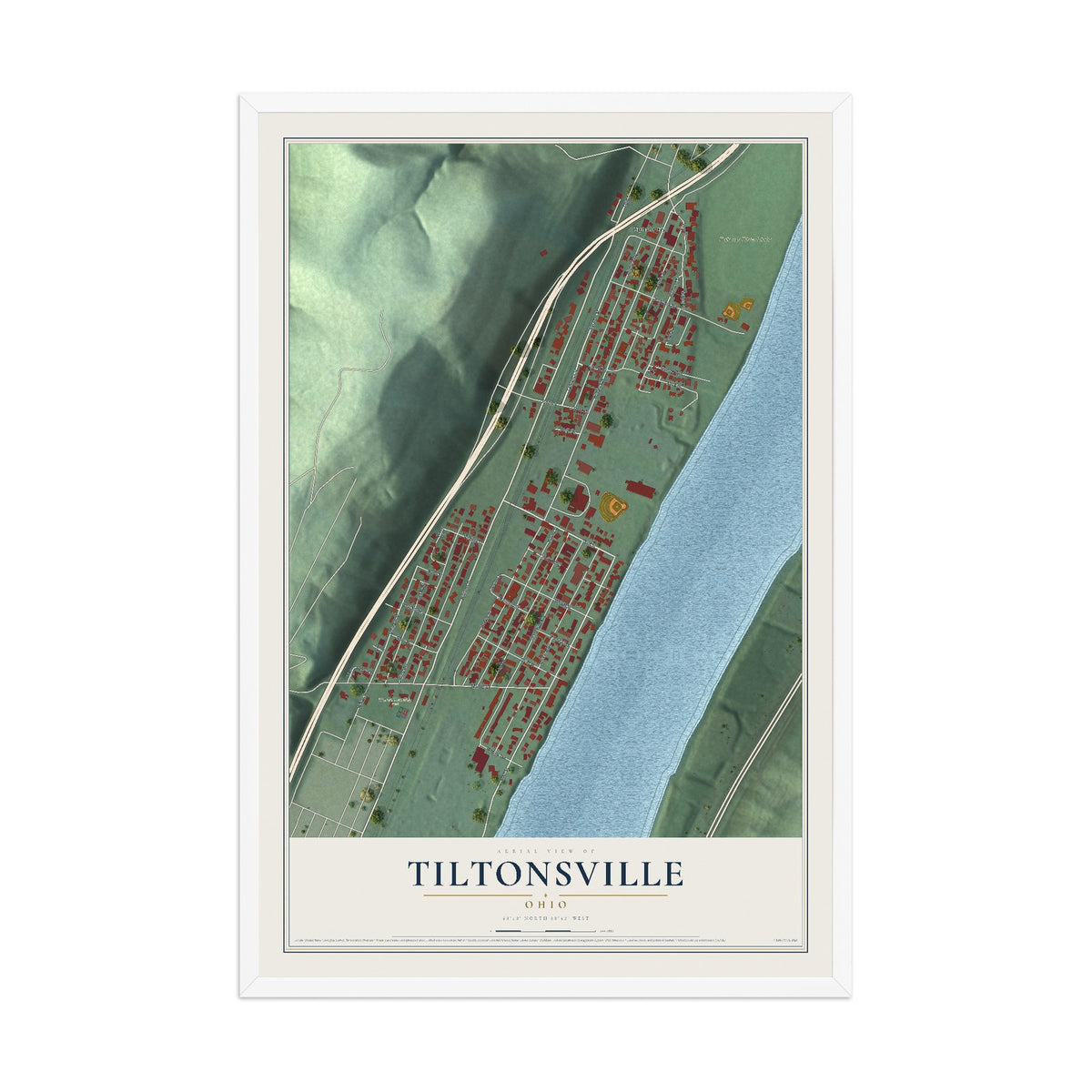 Map of Tiltonsville, Ohio, 12 x 18 inch print in a white wood frame