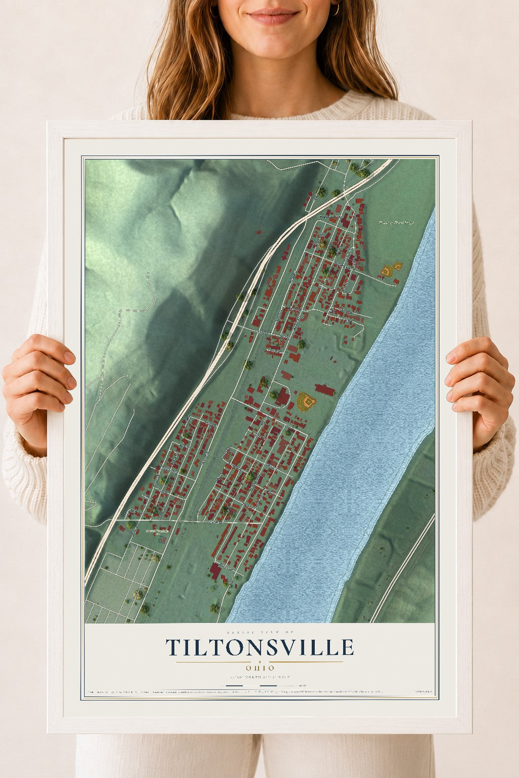 Map of Tiltonsville, Ohio, 18 x 24 inch print in a white wood frame
