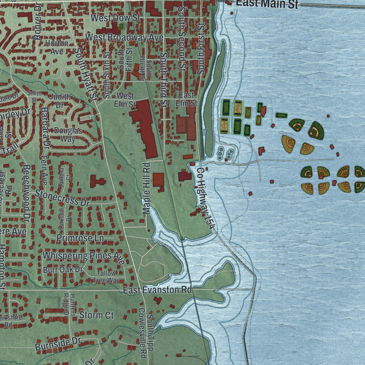 Close-up of the map of Tipp City, Ohio print showing street and building detail