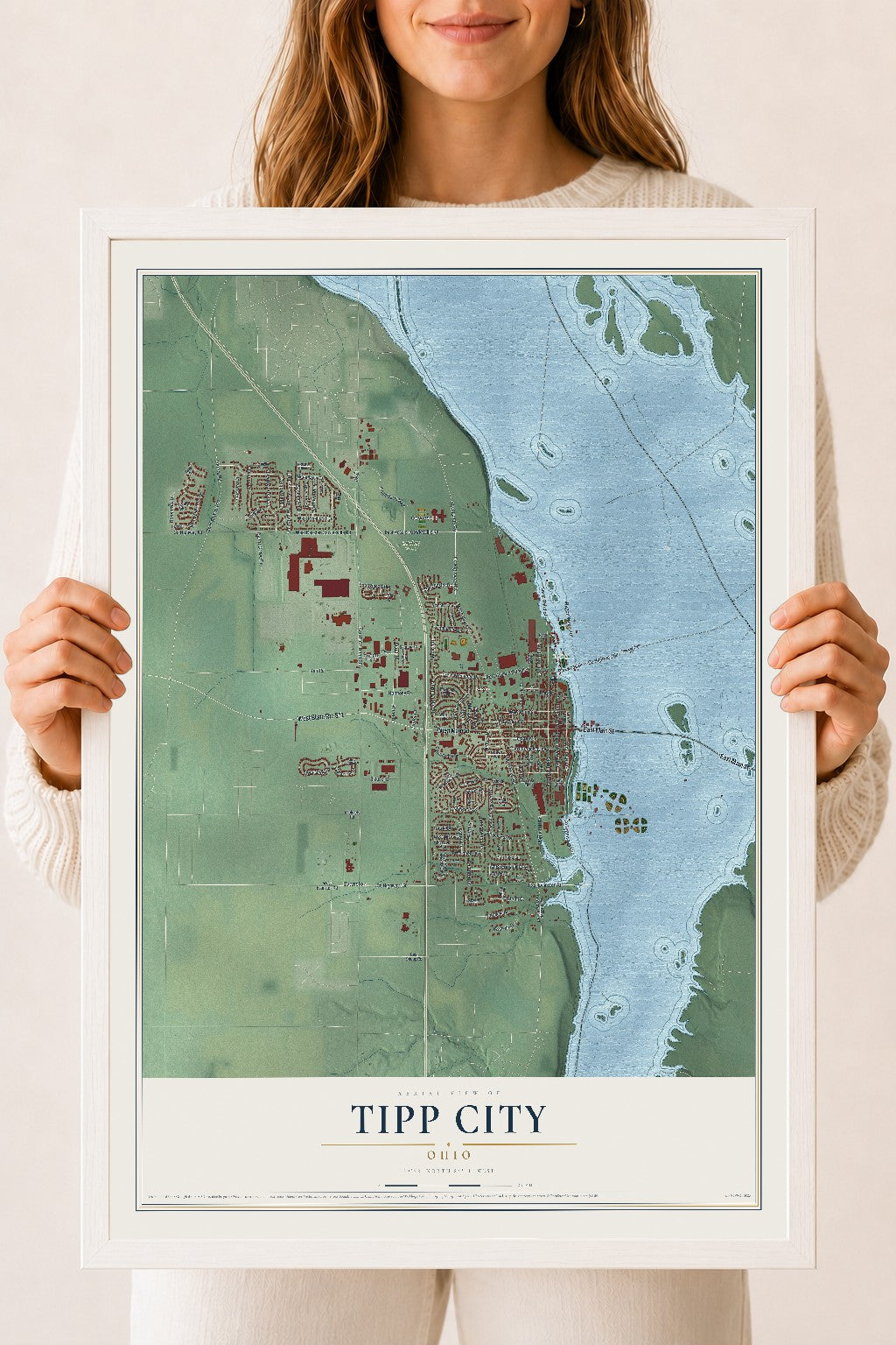 Map of Tipp City, Ohio, 18 x 24 inch print in a white wood frame