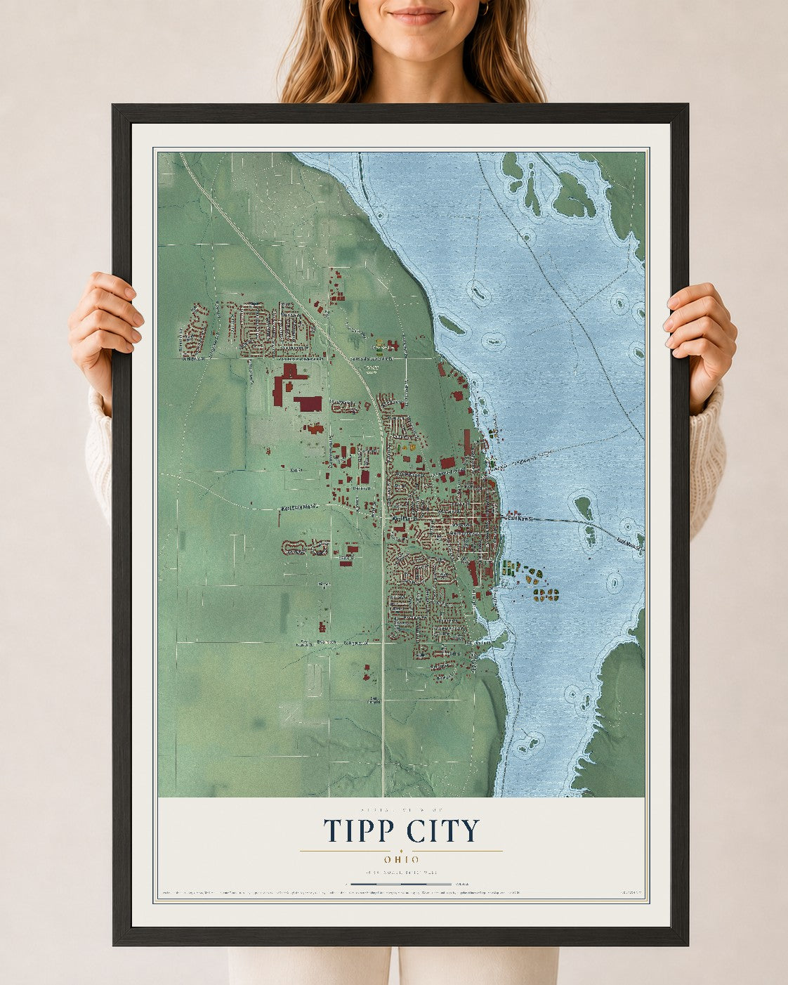 Map of Tipp City, Ohio, 24 x 36 inch print in a black wood frame