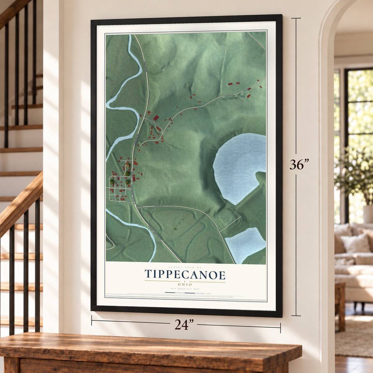 Tippecanoe, Ohio map, 24 x 36 inch print in a black frame by a staircase