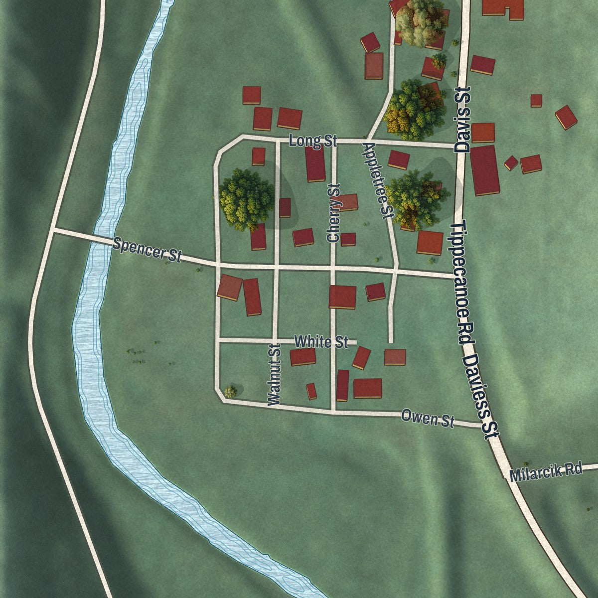 Close-up of the map of Tippecanoe, Ohio print showing street and building detail