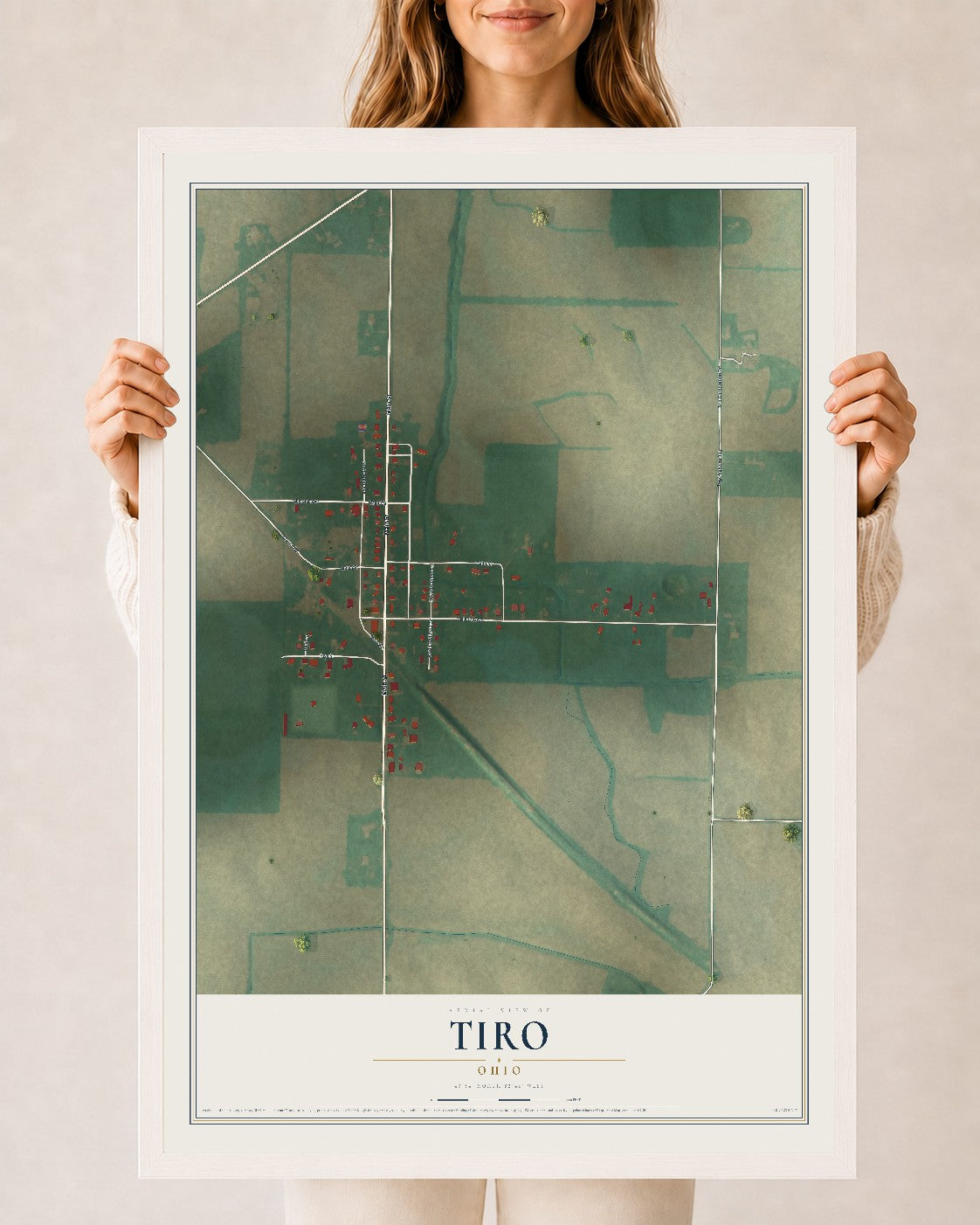 Map of Tiro, Ohio, 24 x 36 inch print in a white wood frame