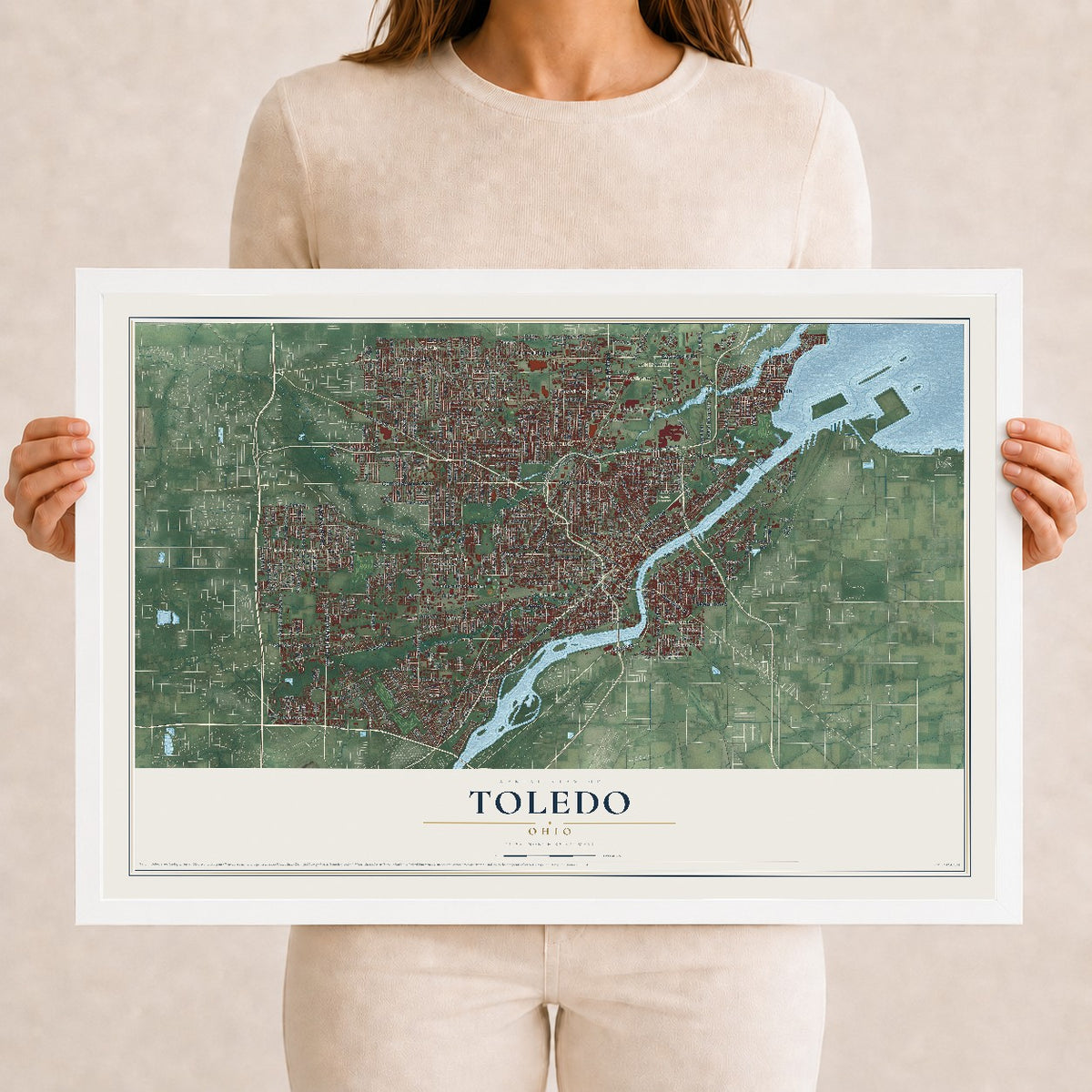 Map of Toledo, Ohio, 12 x 18 inch print in a white wood frame