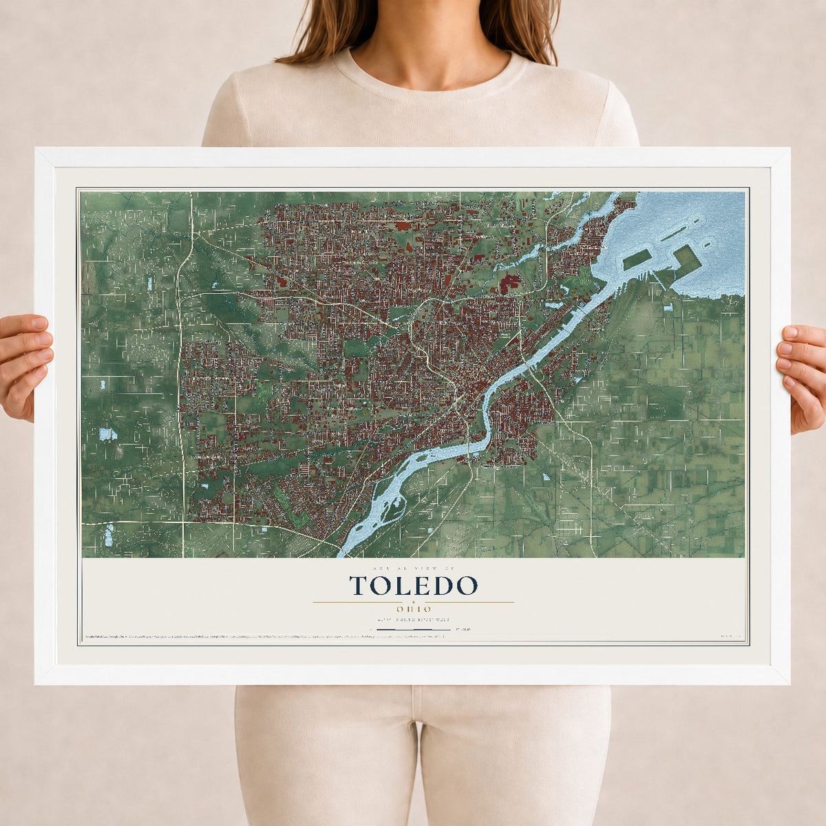 Map of Toledo, Ohio, 18 x 24 inch print in a white wood frame