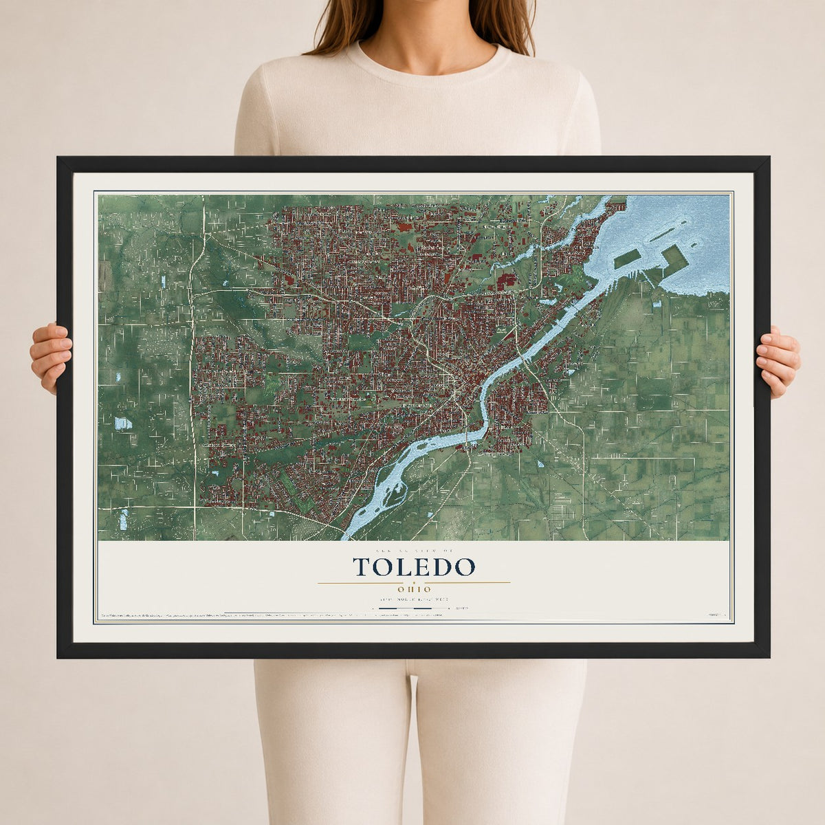 Map of Toledo, Ohio, 24 x 36 inch print in a black wood frame
