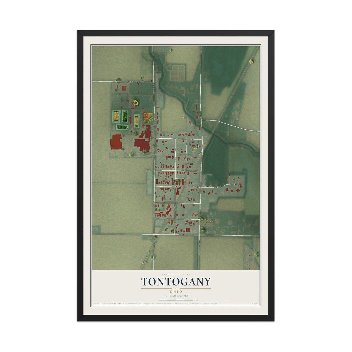 Map of Tontogany, Ohio, 12 x 18 inch print in a black wood frame