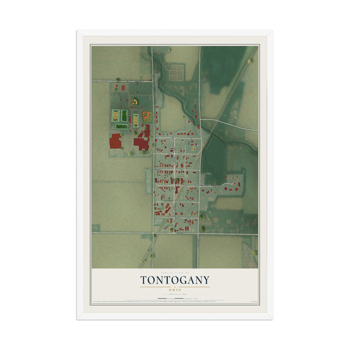 Map of Tontogany, Ohio, 12 x 18 inch print in a white wood frame