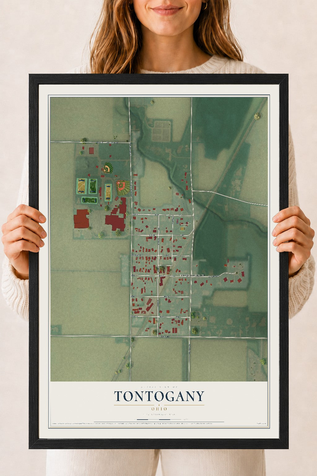 Map of Tontogany, Ohio, 18 x 24 inch print in a black wood frame