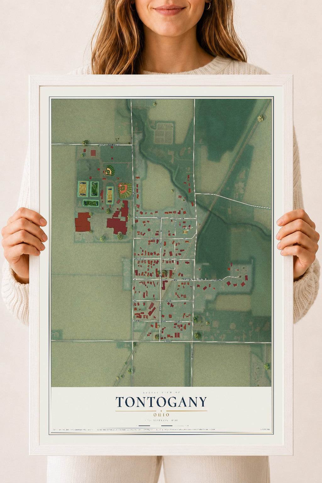 Map of Tontogany, Ohio, 18 x 24 inch print in a white wood frame