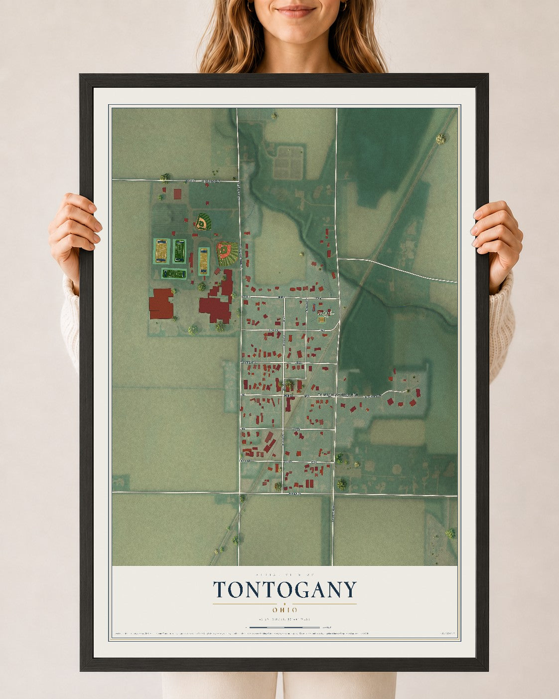 Map of Tontogany, Ohio, 24 x 36 inch print in a black wood frame