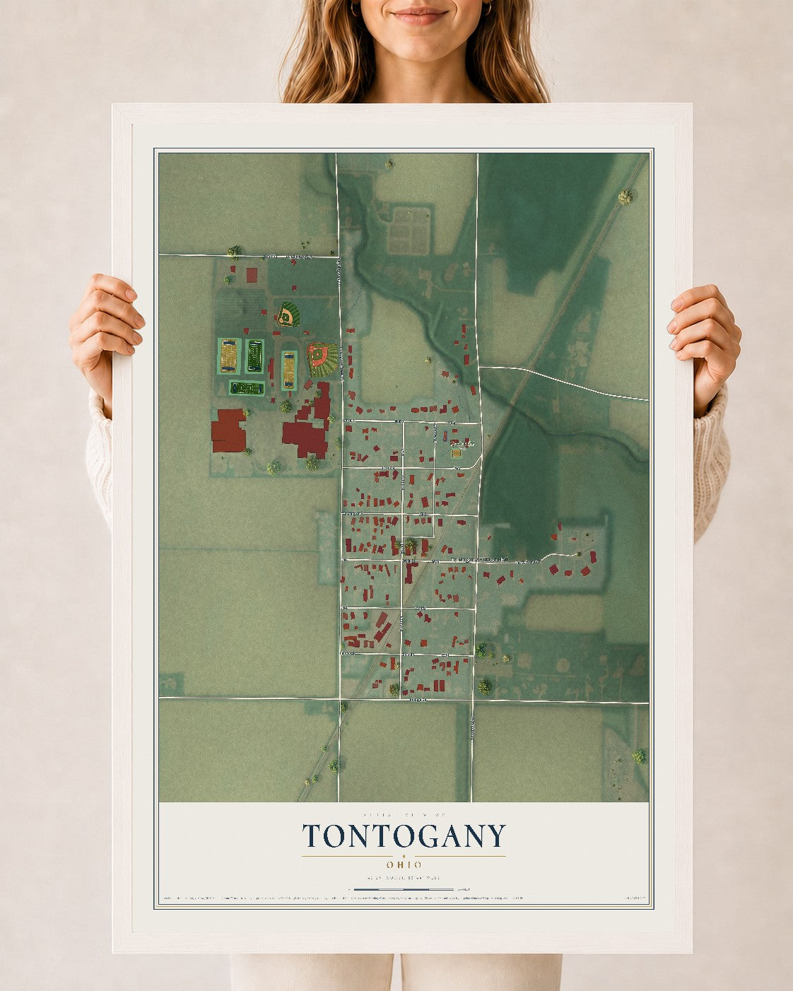 Map of Tontogany, Ohio, 24 x 36 inch print in a white wood frame