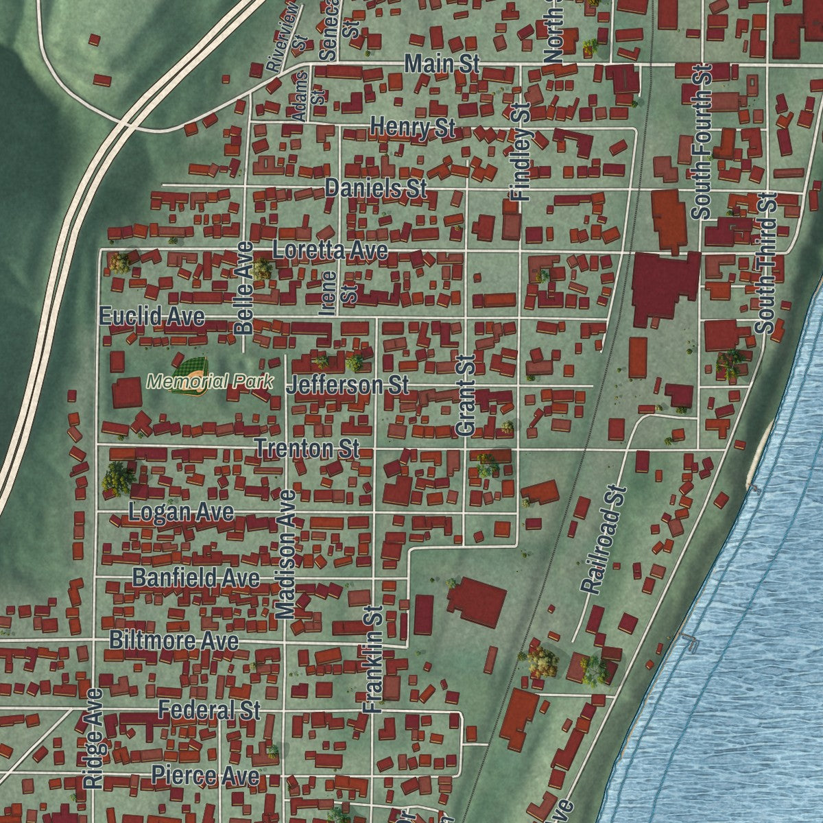 Close-up of the map of Toronto, Ohio print showing street and building detail