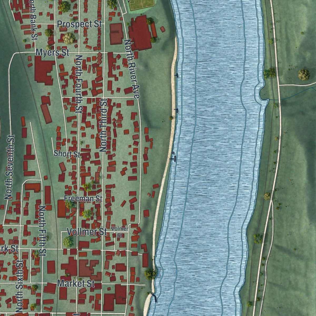 Second close-up of the map of Toronto, Ohio print showing more streets and buildings