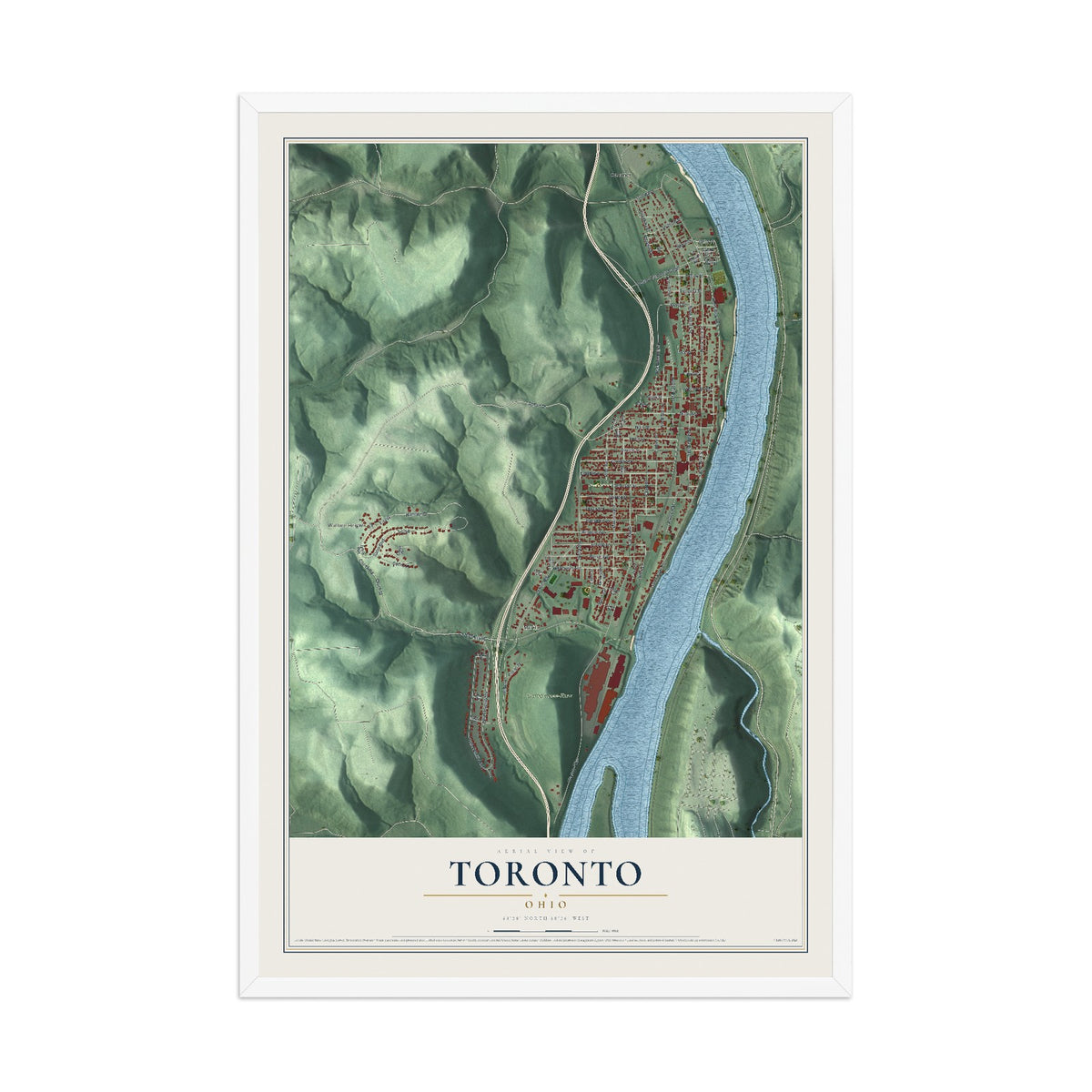 Map of Toronto, Ohio, 12 x 18 inch print in a white wood frame