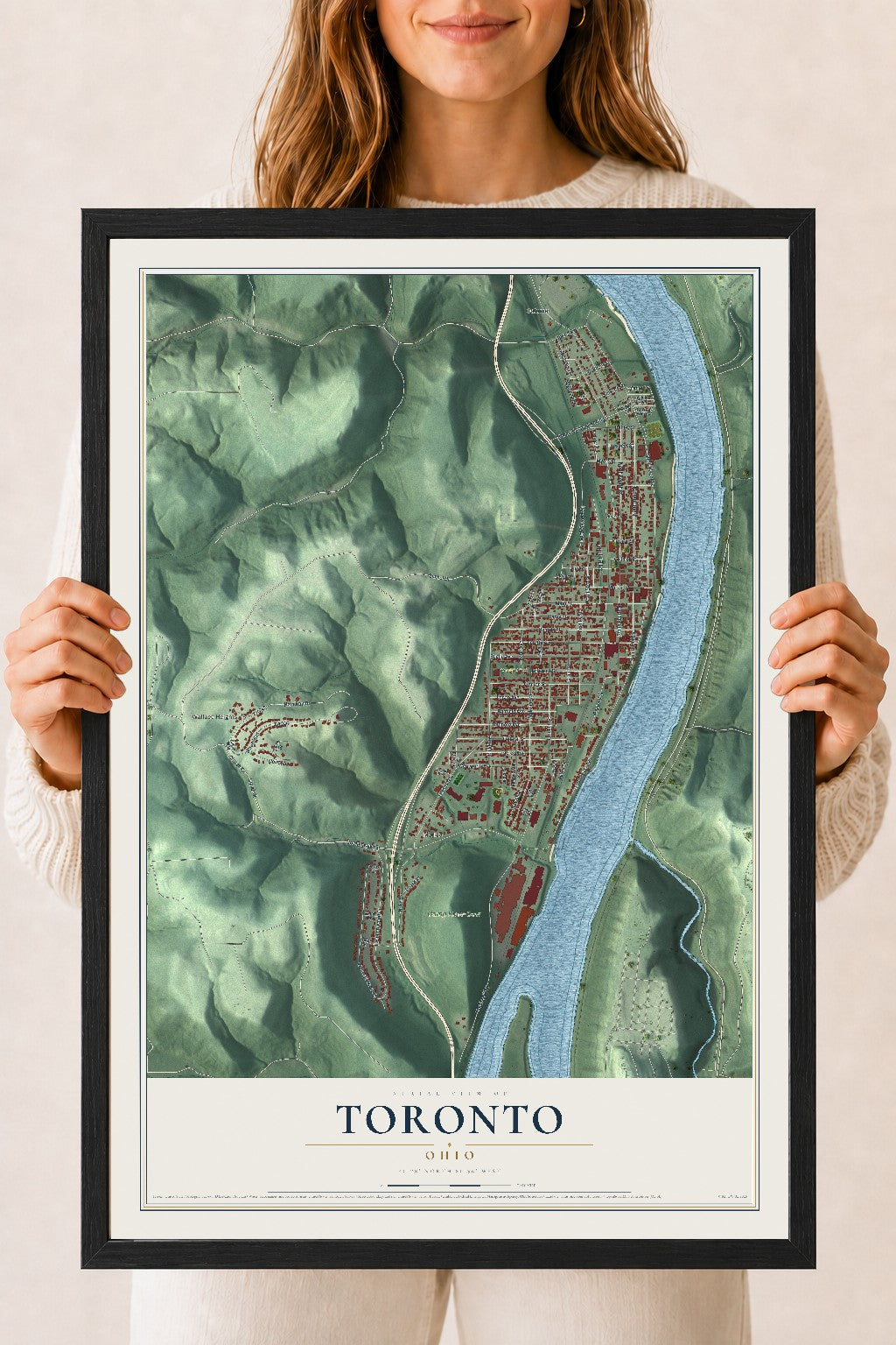 Map of Toronto, Ohio, 18 x 24 inch print in a black wood frame