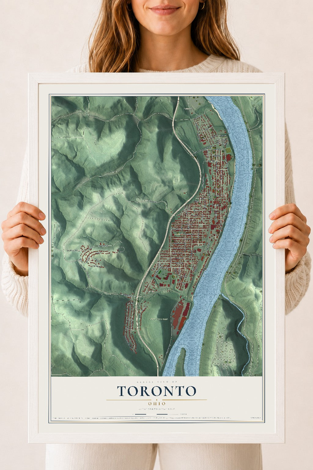 Map of Toronto, Ohio, 18 x 24 inch print in a white wood frame