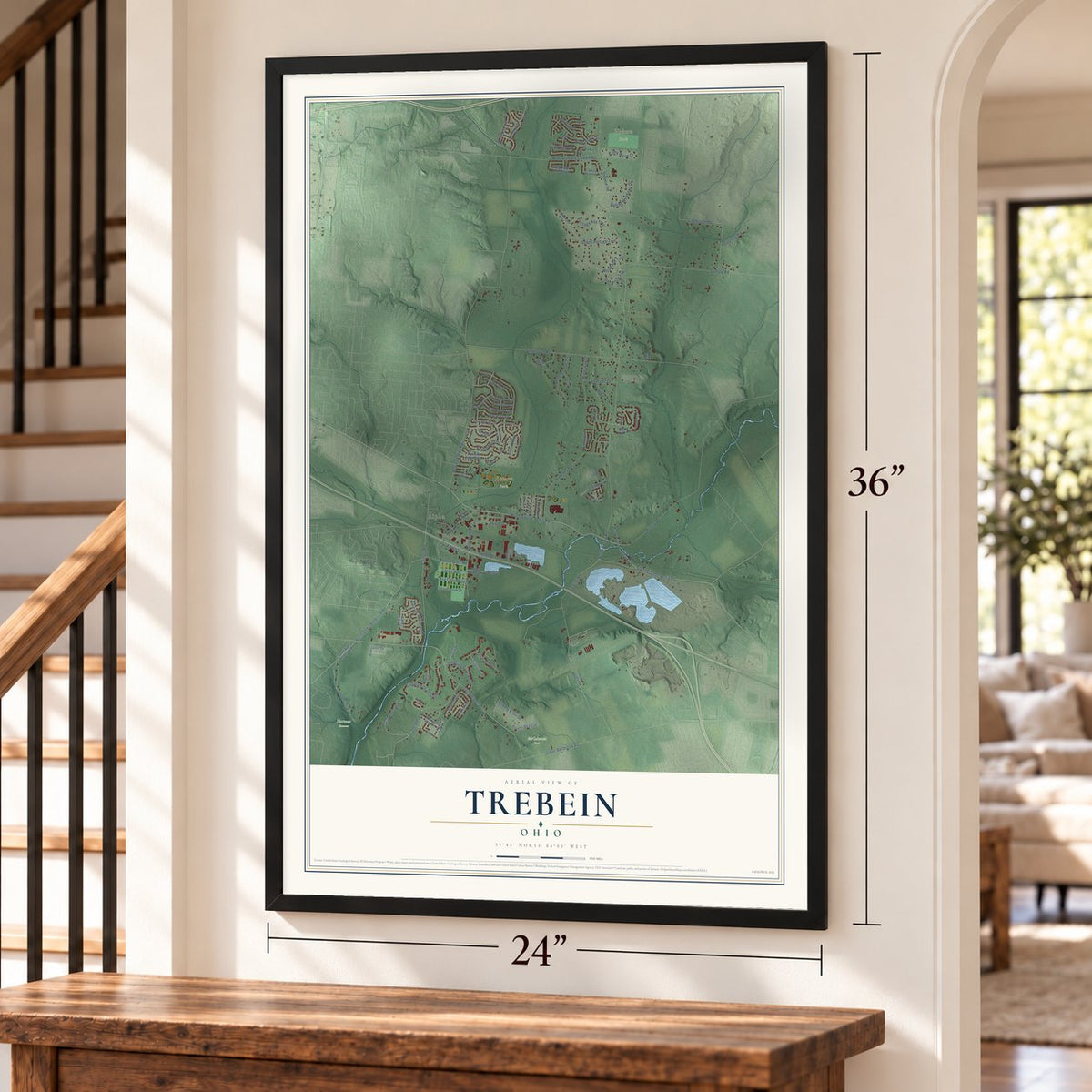 Trebein, Ohio map, 24 x 36 inch print in a black frame by a staircase