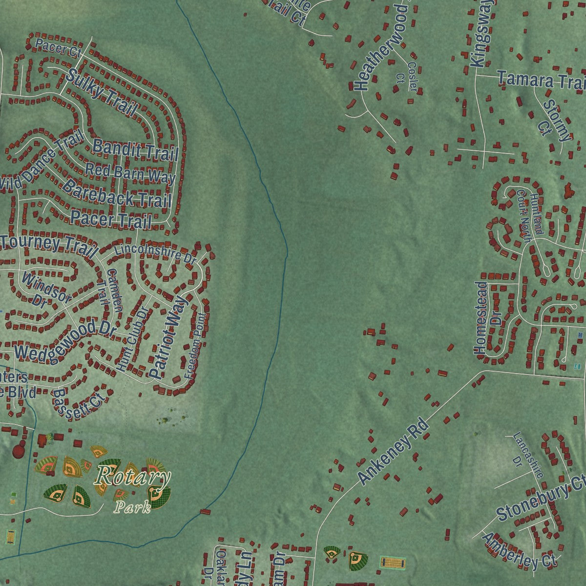 Close-up of the map of Trebein, Ohio print showing street and building detail