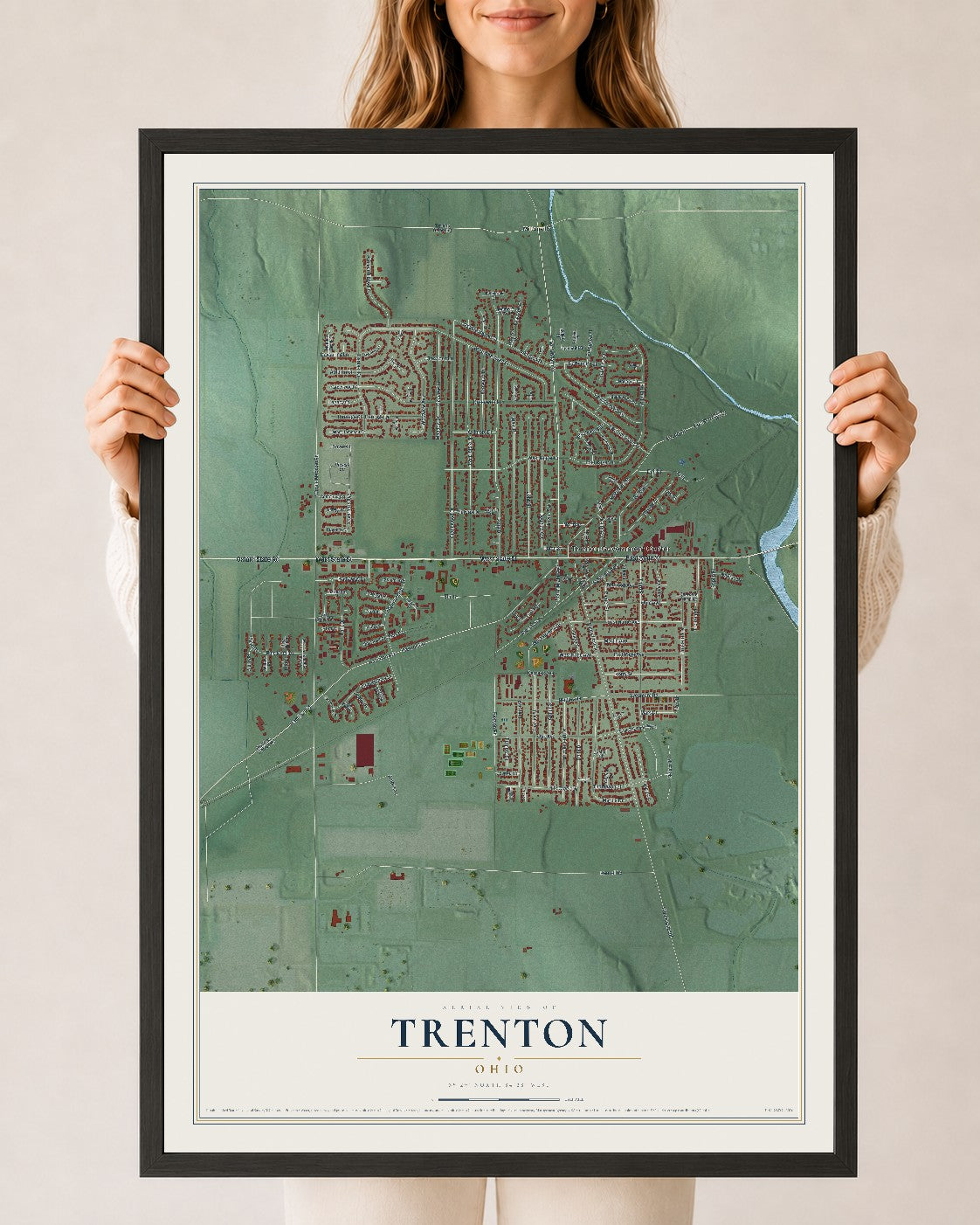 Map of Trenton, Ohio, 24 x 36 inch print in a black wood frame