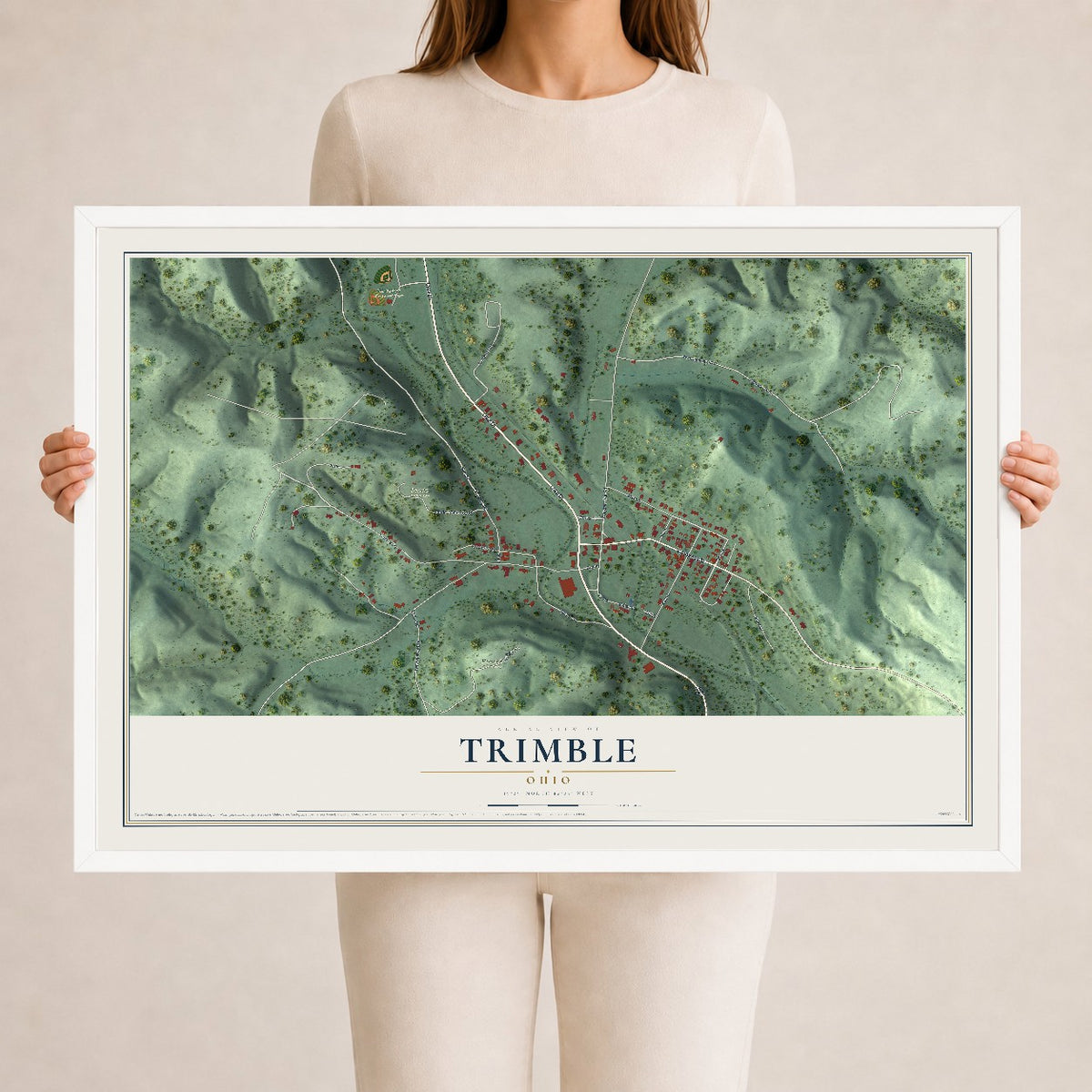 Map of Trimble, Ohio, 24 x 36 inch print in a white wood frame