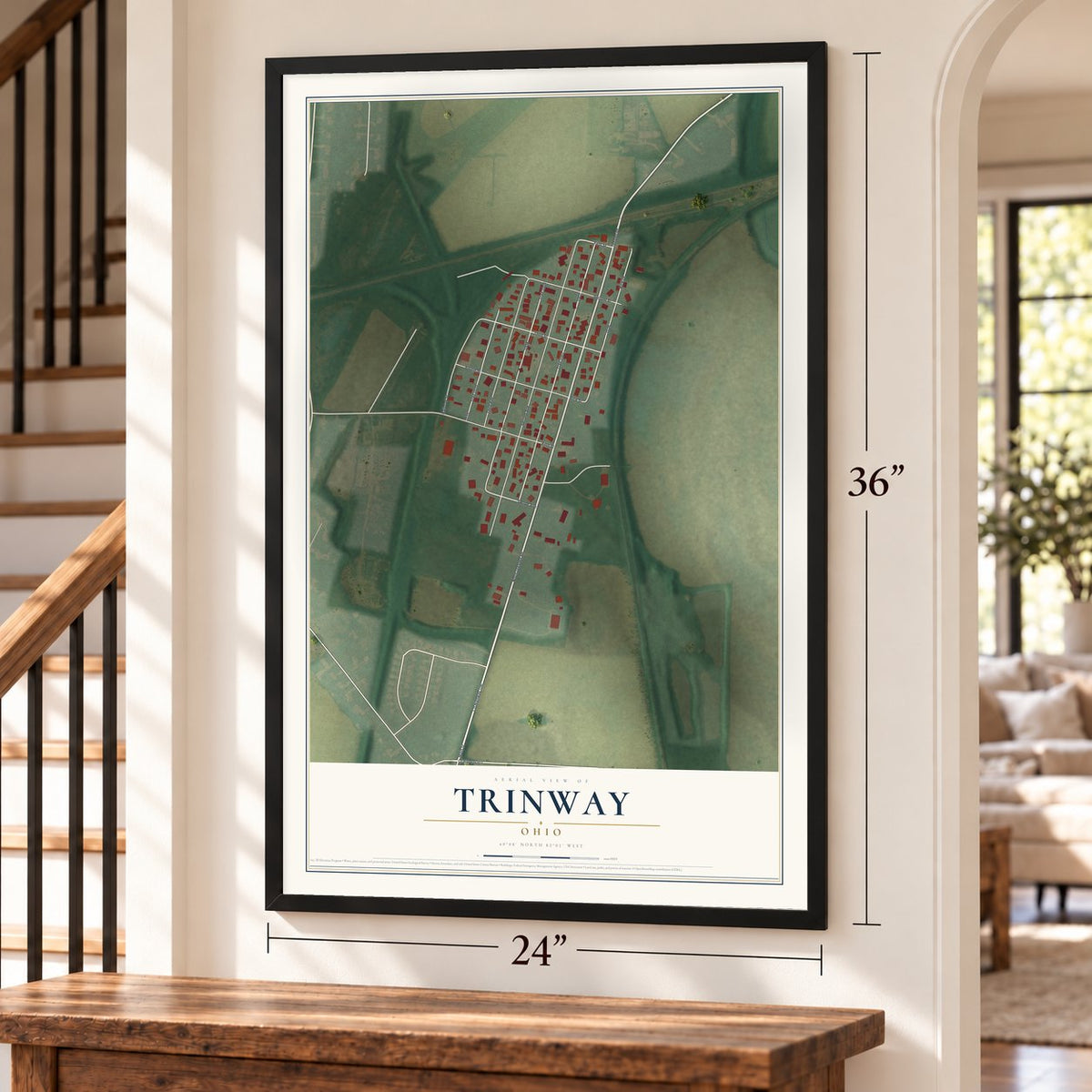 Trinway, Ohio map, 24 x 36 inch print in a black frame by a staircase