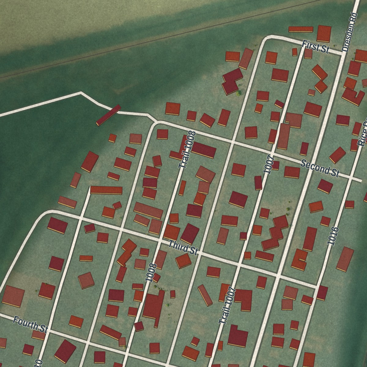 Close-up of the map of Trinway, Ohio print showing street and building detail