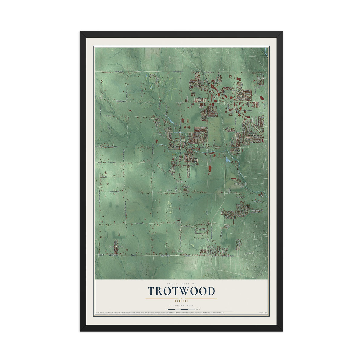 Map of Trotwood, Ohio, 12 x 18 inch print in a black wood frame