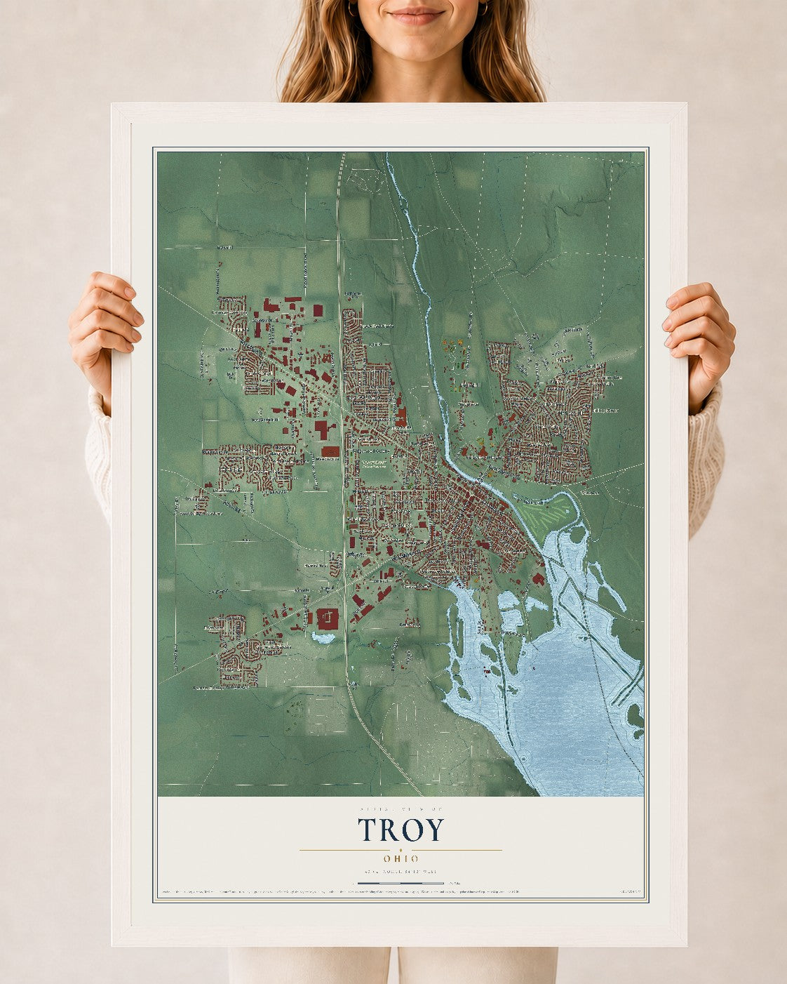 Map of Troy, Ohio, 24 x 36 inch print in a white wood frame