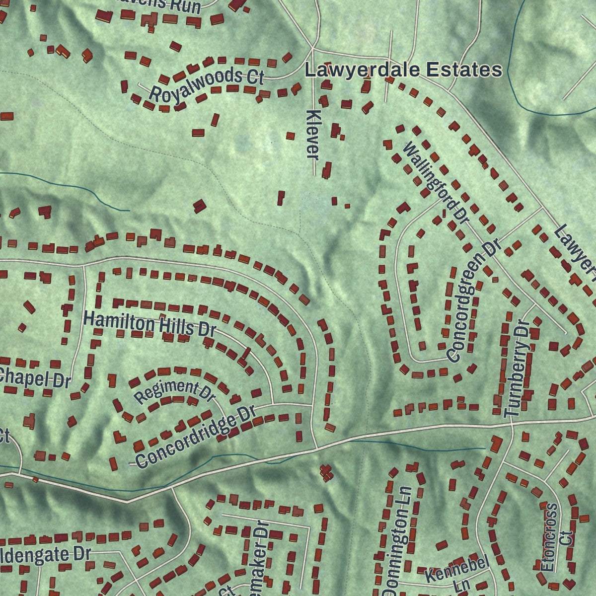 Close-up of the map of Turpin Hills, Ohio print showing street and building detail