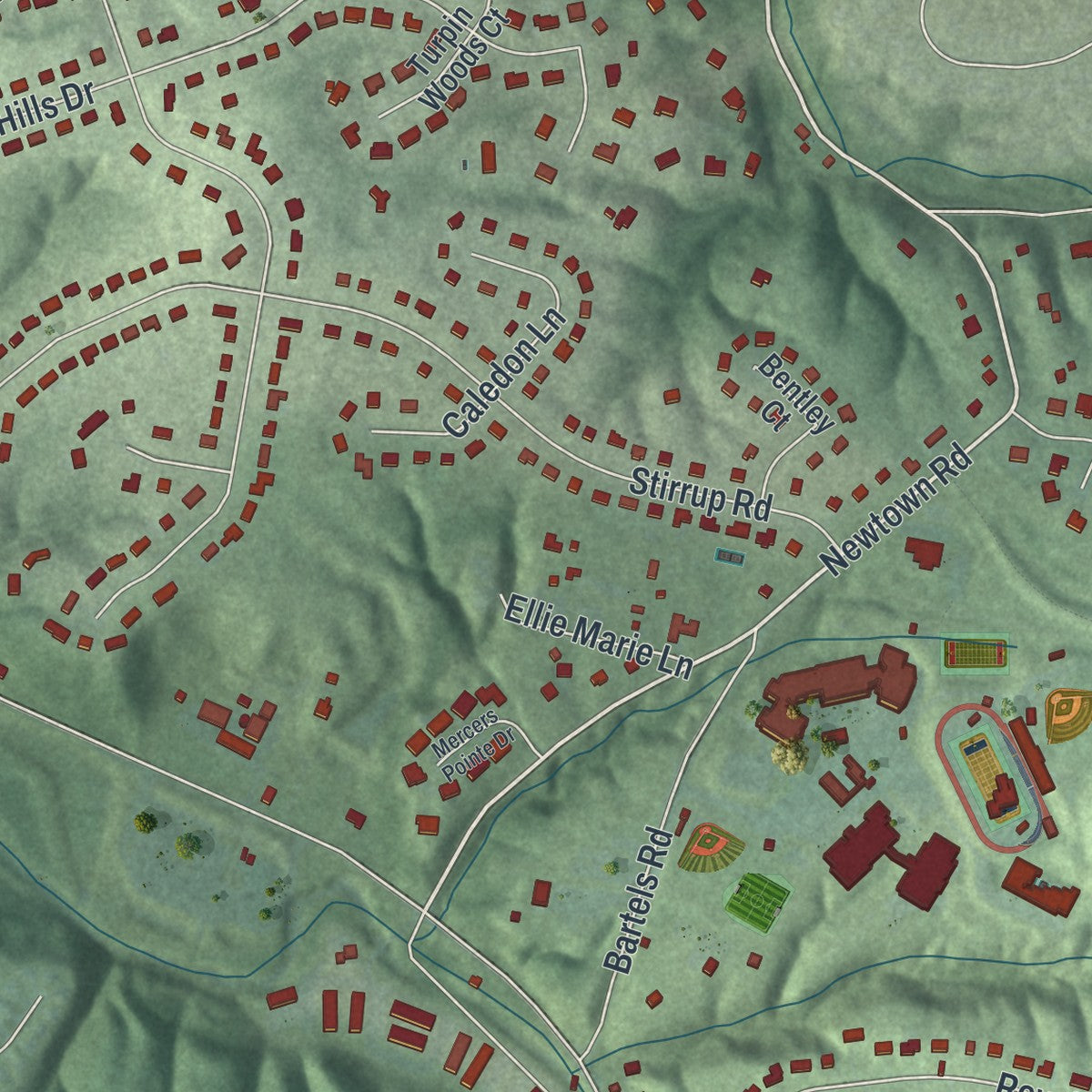 Second close-up of the map of Turpin Hills, Ohio print showing more streets and buildings