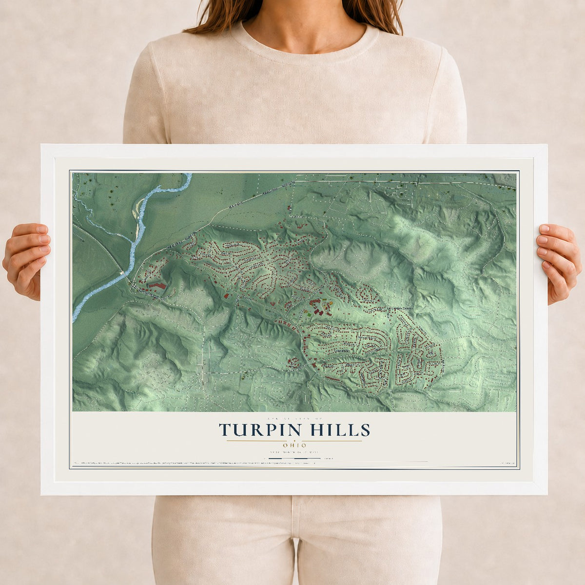 Map of Turpin Hills, Ohio, 12 x 18 inch print in a white wood frame
