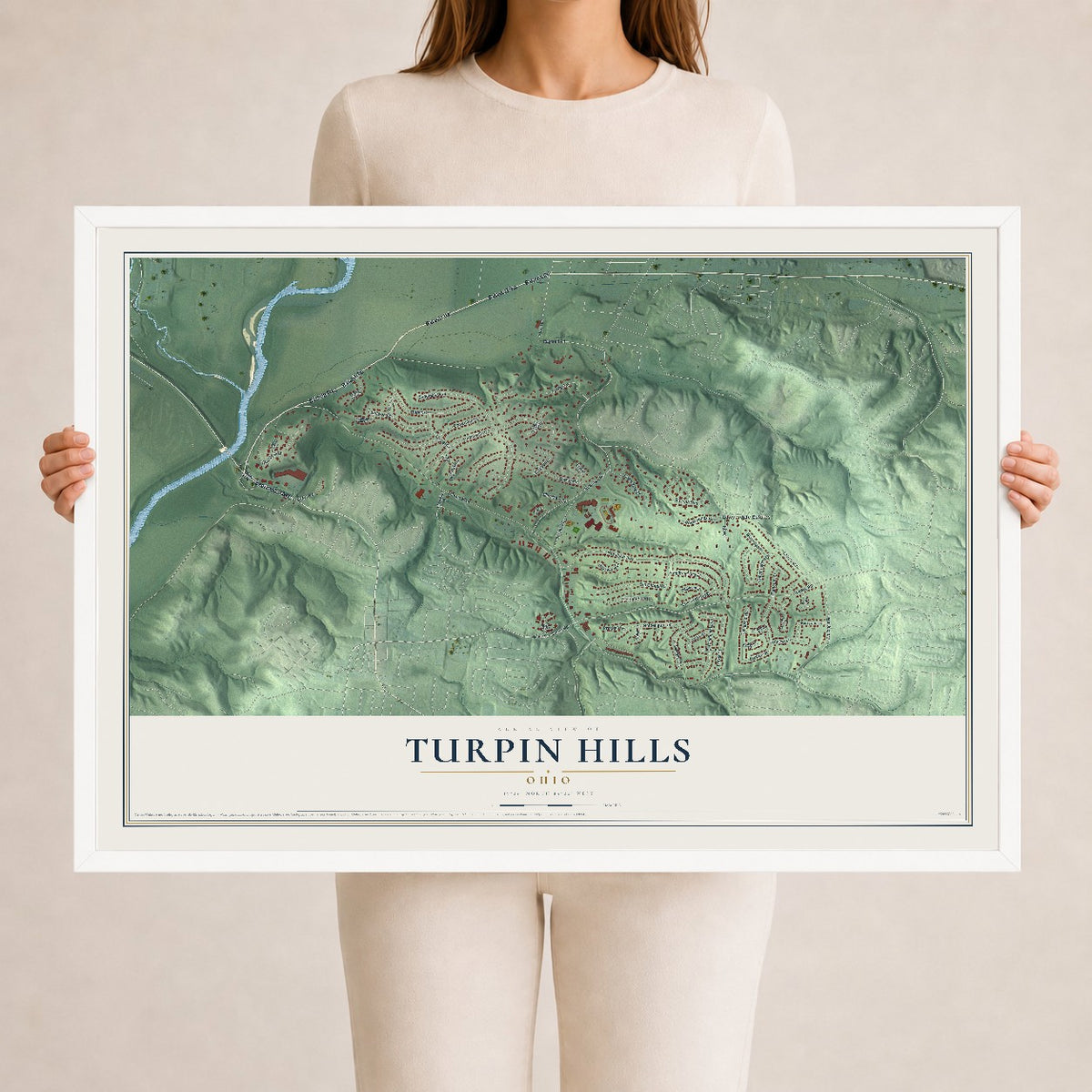 Map of Turpin Hills, Ohio, 24 x 36 inch print in a white wood frame
